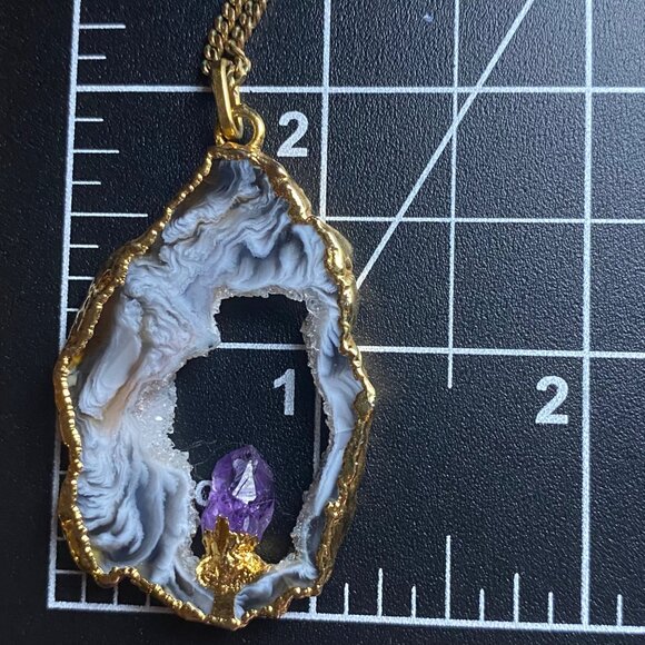 Amethyst Agate Geode Drusy Pendant Necklace Nickel Free Gold Tone 24" Chain - Picture 6 of 6